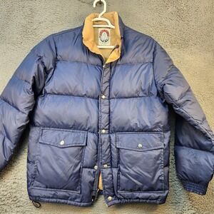 Vintage Ski Trails Jacket Mens Medium Blue Tan Down Puffer Coat Nylon 80s Winter